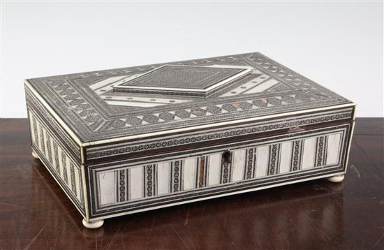 An Indian ivory and sadeli rectangular work box, 11in.